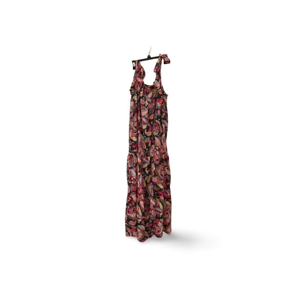Emily Wonder Boho Paisley Maxi Dress Black Pink Tie Strap Summer Beach Sz S